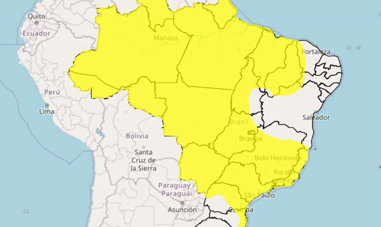 O mapa mostra as &aacute;reas em alerta para chuva intensa